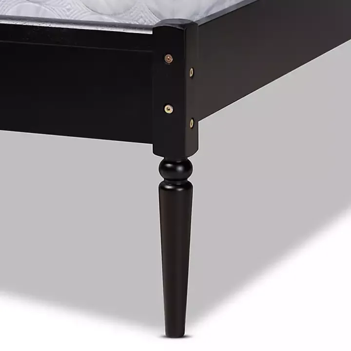 Mid-Century Black Wood Rattan Queen Platform Bed