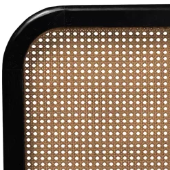 Mid-Century Black Wood Rattan Queen Platform Bed