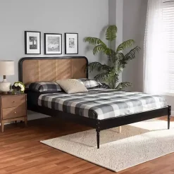 Mid-Century Black Wood Rattan Queen Platform Bed