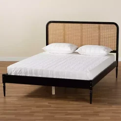 Mid-Century Black Wood Rattan Queen Platform Bed
