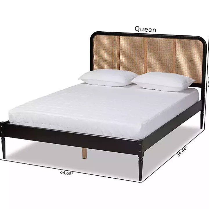 Mid-Century Black Wood Rattan Queen Platform Bed