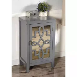 Mirrored 1-Door Gray Cabinet with Overlay Pattern
