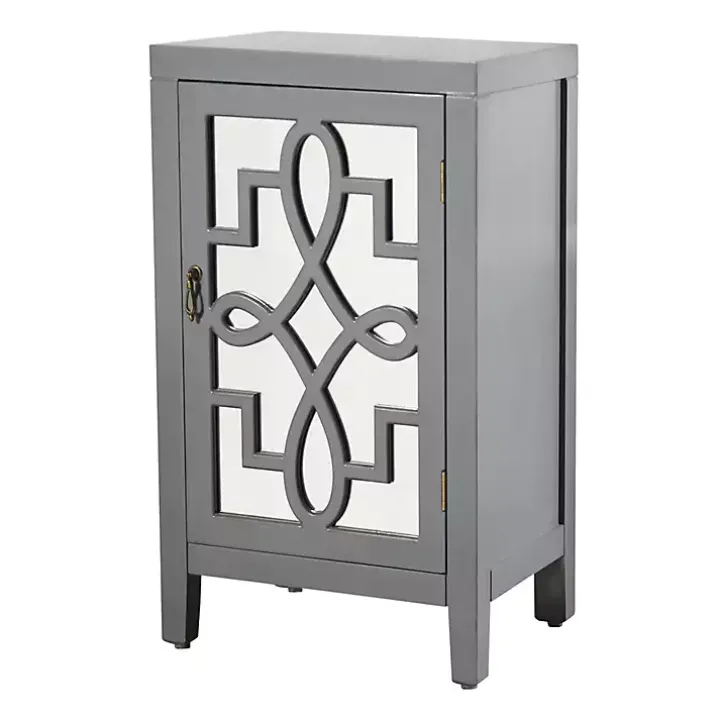 Mirrored 1-Door Gray Cabinet with Overlay Pattern