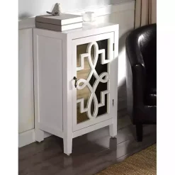 Mirrored 1-Door White Cabinet with Overlay Pattern