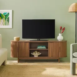 Mocha Brown Wood Reeded Oval TV Stand