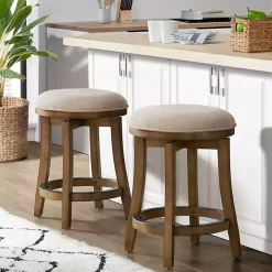 Natural Linen Barrel Base Swivel Counter Stool Set