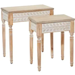 Natural Wood Carved Leaf Accent Tables, Set of 2