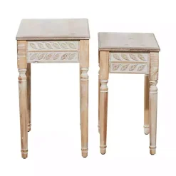 Natural Wood Carved Leaf Accent Tables, Set of 2