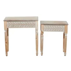 Natural Wood Carved Leaf Accent Tables, Set of 2