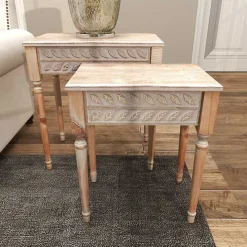 Natural Wood Carved Leaf Accent Tables, Set of 2