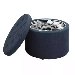 Navy Upholstered Round Shoe Storage Ottoman