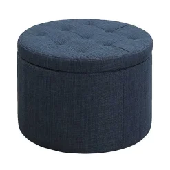 Navy Upholstered Round Shoe Storage Ottoman
