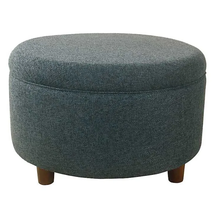 Navy Upholstered Round Storage Ottoman