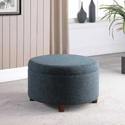 Navy Upholstered Round Storage Ottoman