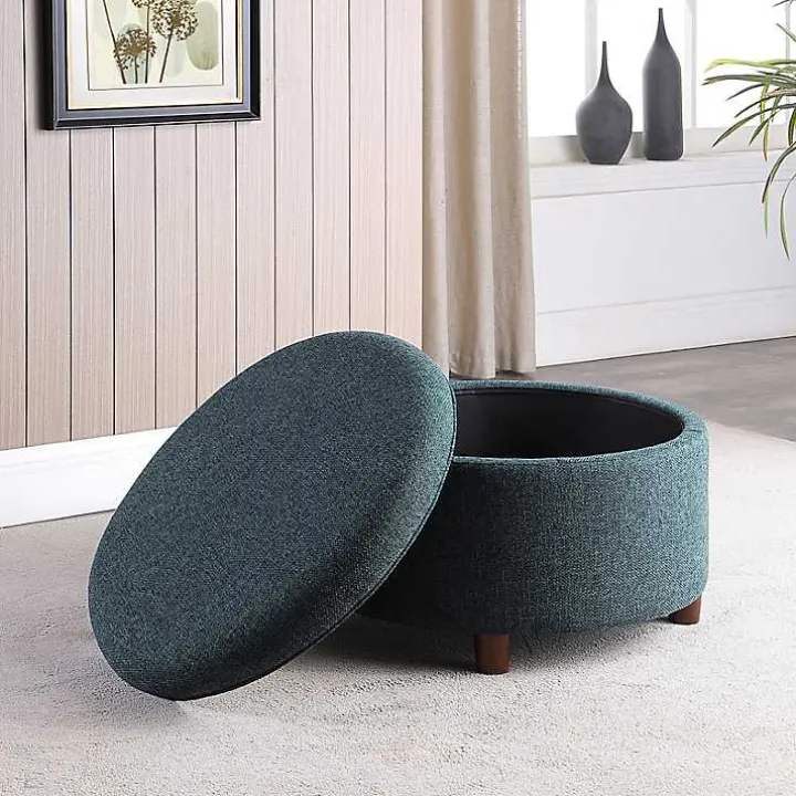 Navy Upholstered Round Storage Ottoman