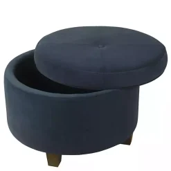 Navy Velvet Upholstered Round Storage Ottoman