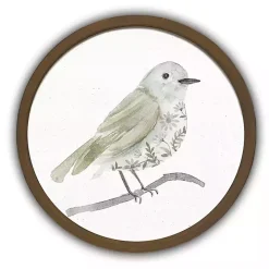 Neutral Sage Bird I Round Framed Art Print