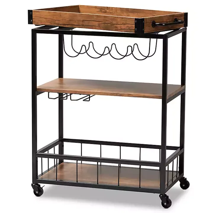 Oak and Black Metal Bar Cart with Bottle Rack