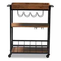 Oak and Black Metal Bar Cart with Bottle Rack