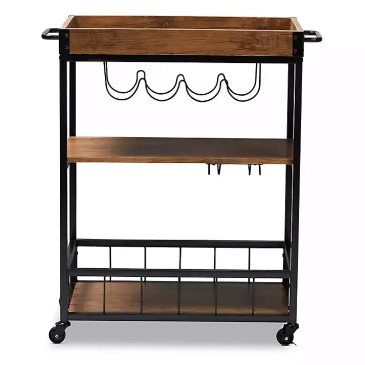 Oak and Black Metal Bar Cart with Bottle Rack