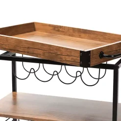 Oak and Black Metal Bar Cart with Bottle Rack