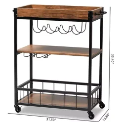Oak and Black Metal Bar Cart with Bottle Rack
