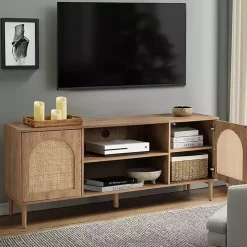 Oak and Natural Rattan Media Cabinet