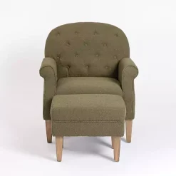 Olive Green Boucle Tufted Chair & Ottoman Set