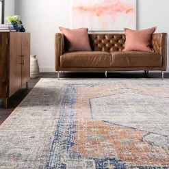 Pink Vintage Floral Print Area Rug, 8x10