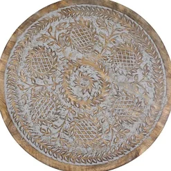 Round Antique Gray Engraved Accent Table