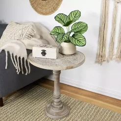 Round Antique Gray Etched Pedestal Accent Table