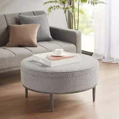 Round Gray Upholstered Ottoman