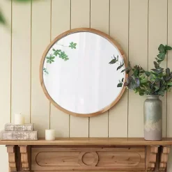 Round Natural Light Wood Wall Mirror