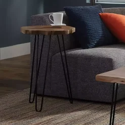 Round Natural Live Edge Hairpin Legs Accent Table