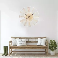Round White Metal and Wood Wall Clock