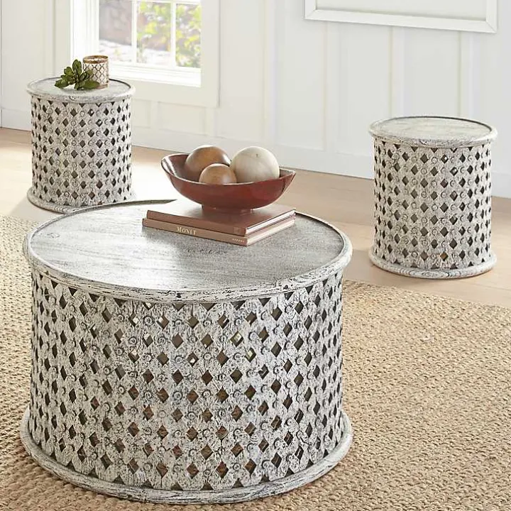 Round White Wood Lattice Accent Table
