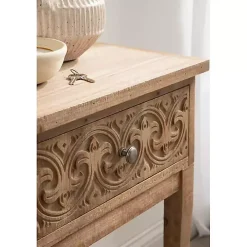 Rustic Brown Ornate Carved Wood Accent Table