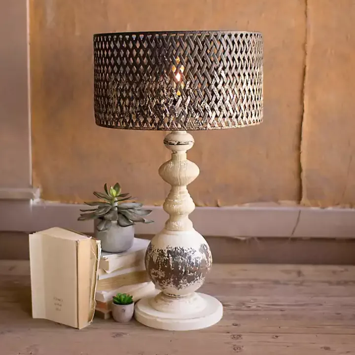 Rustic White Table Lamp with Woven Metal Shade