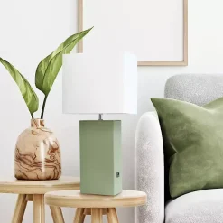Sage Green Leather Charging Table Lamp