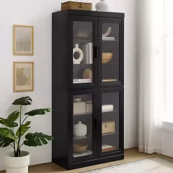 Tall Black Wood and Glass Door Storage Cabinet