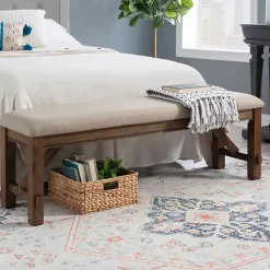 Tan Basketweave Upholstered Wood Bench