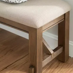 Tan Basketweave Upholstered Wood Bench