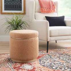 Tan Sherpa Upholstered Storage Ottoman
