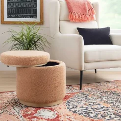 Tan Sherpa Upholstered Storage Ottoman