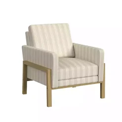Tan Striped Upholstered Wood Frame Armchair