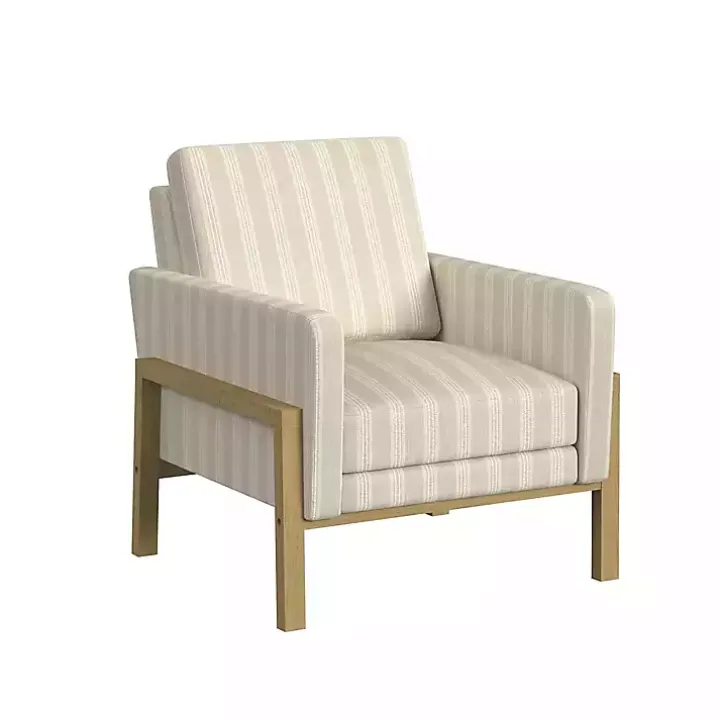 Tan Striped Upholstered Wood Frame Armchair