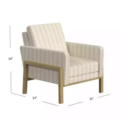 Tan Striped Upholstered Wood Frame Armchair