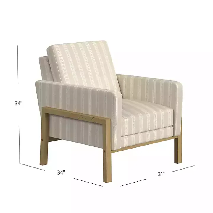 Tan Striped Upholstered Wood Frame Armchair