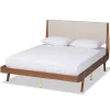 Tan Upholstered Brown Wood Queen Platform Bed