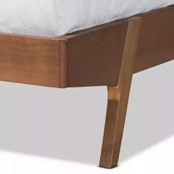 Tan Upholstered Brown Wood Queen Platform Bed